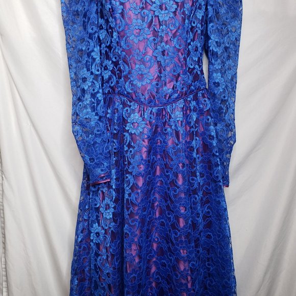 Vintage Formal Blue Lace Dress Purple Trim And Bows Union Made Prom 80s Retro - Picture 3 of 10